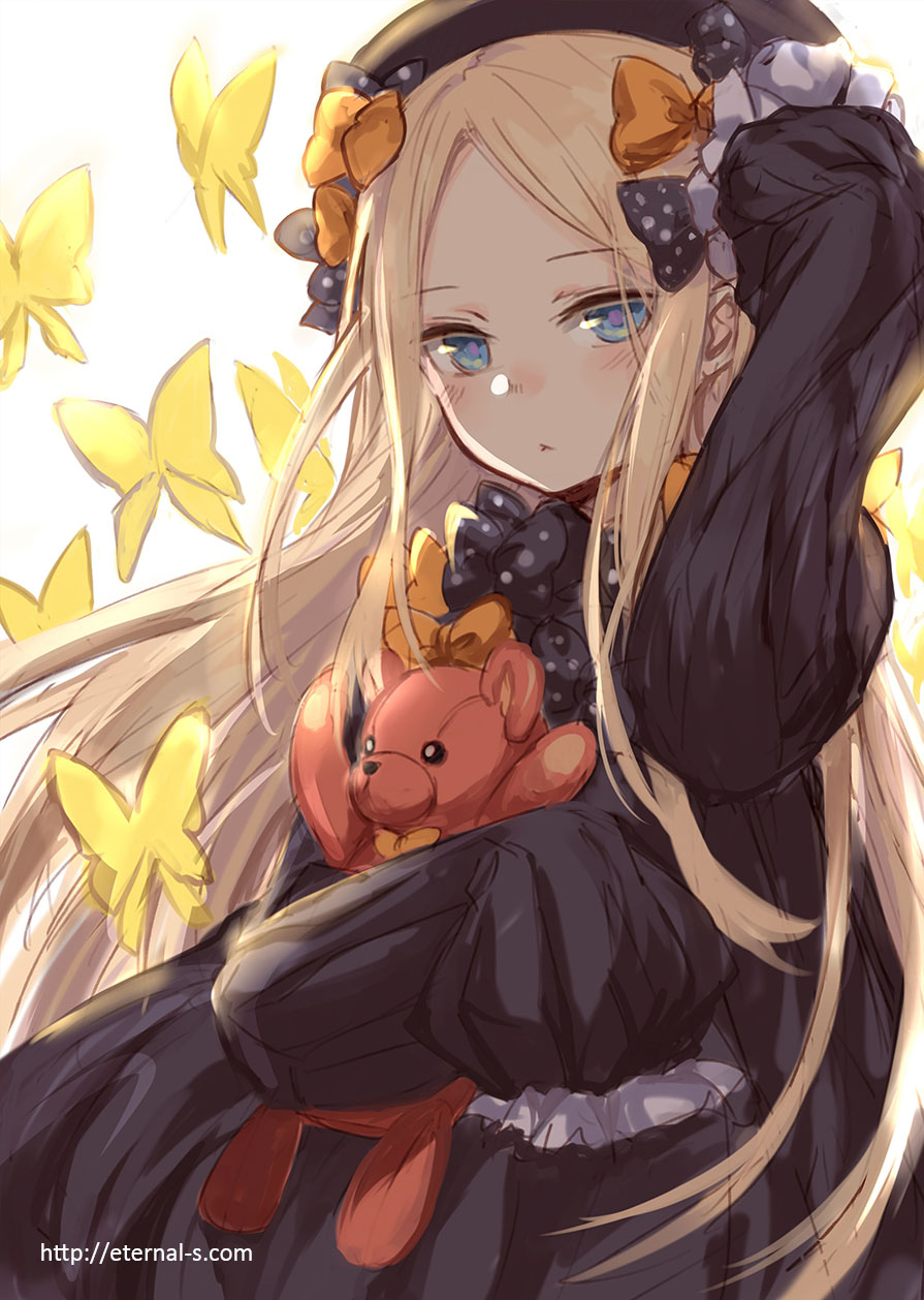 1girl abigail_williams_(fate/grand_order) animal arm_up bangs black_bow black_dress black_hat blonde_hair blue_eyes blush bow bug butterfly closed_mouth commentary_request dress eyebrows_visible_through_hair fate/grand_order fate_(series) forehead hair_bow hat head_tilt highres insect long_hair long_sleeves looking_at_viewer object_hug orange_bow parted_bangs polka_dot polka_dot_bow simple_background sketch sleeves_past_fingers sleeves_past_wrists solo stuffed_animal stuffed_toy teddy_bear ten-chan_(eternal_s) upper_body very_long_hair white_background
