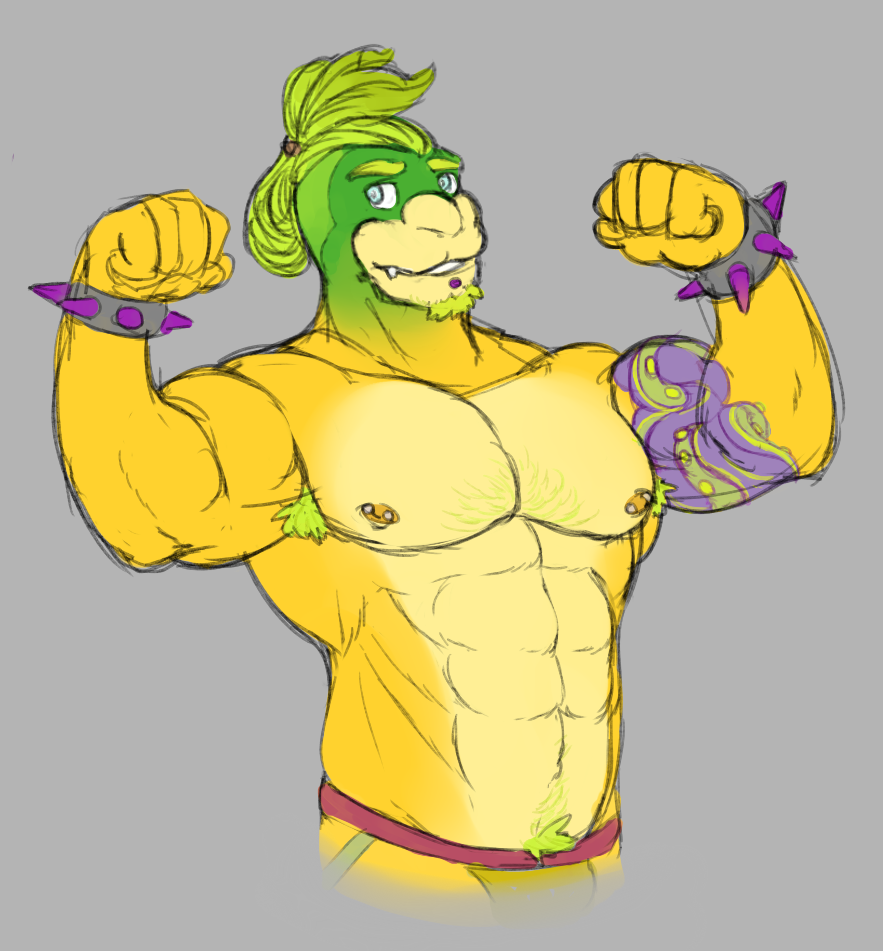 abs aged_up anthro anthrofied armpit_hair clothing flexing front_view half-length_portrait iggy_koopa jockstrap koopa koopaling looking_at_viewer male mario_bros muscular nintendo nipple_piercing nipples pecs piercing portrait pubes scalie shell-less solo spiked_bracelets underwear video_games wkd