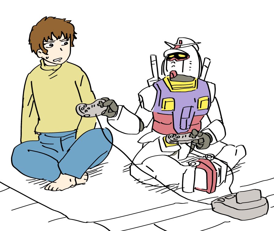 1boy amuro_ray barefoot blue_pants brown_hair butterfly_sitting commentary_request controller denim game_cartridge game_console game_controller gundam holding_controller indian_style jeans long_sleeves mecha mobile_suit_gundam pants rx-78-2 shirt short_hair sitting sitting_on_ground sweatdrop turtleneck weapon weapon_on_back yellow_shirt yoshino_norihito
