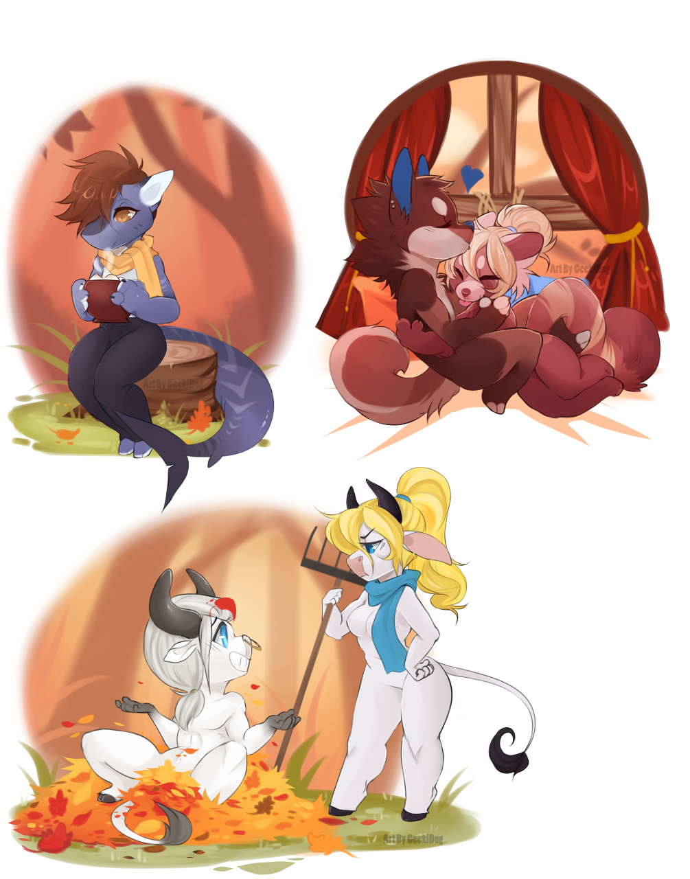 &lt;3 anthro bovine canine cattle chibi clothed clothing female fish geekidog kissing male male/female mammal marine multiple_images nude red_panda shark sitting smile