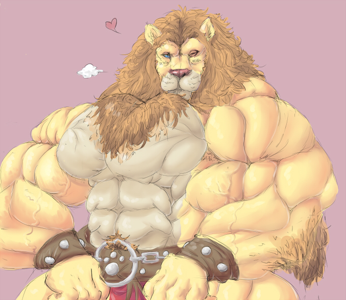 &lt;3 2014 4_fingers abs anthro belt biceps big_biceps blue_eyes bracelet brown_hair brown_pubes clothed clothing colored digital_drawing_(artwork) digital_media_(artwork) feline front_view fur hair half-length_portrait huge_muscles humanoid_hands jewelry light lion loincloth male mammal manly multicolored_fur muscular muscular_male obliques one_eye_closed pecs pink_background pink_nose pinup portrait pose quads red_clothing schwartzgeist serratus shaded simple_background solo tan_fur topless two_tone_fur vein wink yellow_fur