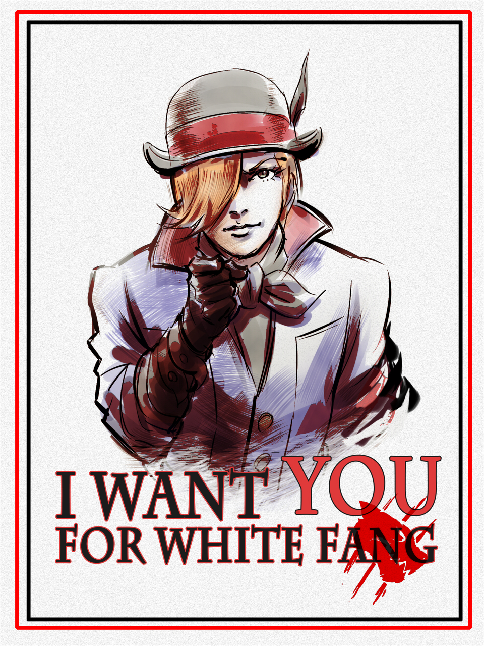 border bowler_hat emblem english green_eyes hair_over_one_eye hat highres i_want_you iesupa male_focus orange_hair pointing pointing_at_viewer poster_(object) red_border roman_torchwick rwby solo uncle_sam