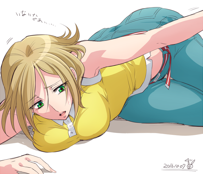 arai_nobu blonde_hair breasts denim green_eyes jeans large_breasts lying on_side original pants parted_lips short_hair sleeveless solo teeth