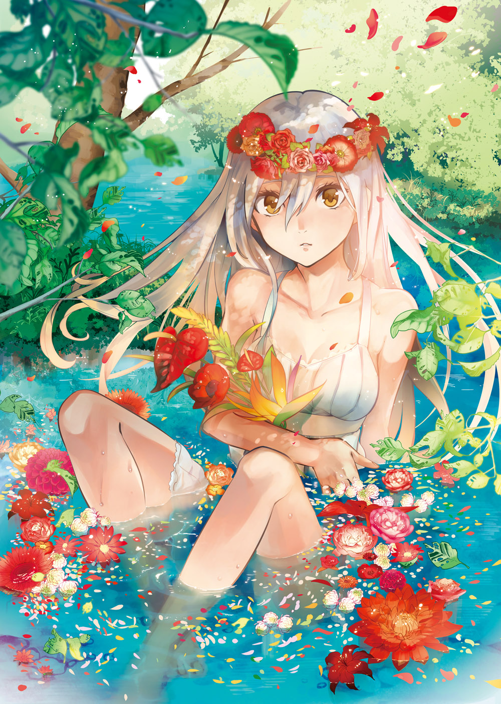 anthurium bare_shoulders bird_of_paradise blonde_hair breasts cleavage collarbone dress flower hair_flower hair_ornament head_wreath highres lily_(flower) long_hair looking_at_viewer medium_breasts ocha_(oteaaa) original peony_(flower) petals pink_flower red_flower rose sitting solo sundress tree water white_dress white_flower yellow_eyes yellow_flower