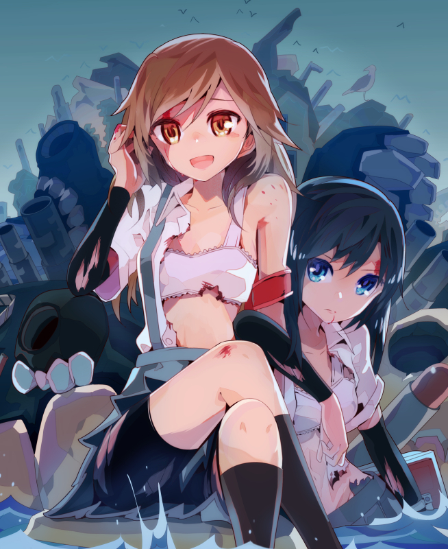 :d adjusting_hair after_battle arashio_(kantai_collection) arm_warmers asashio_(kantai_collection) bangs bike_shorts bird black_hair black_legwear blood blood_from_mouth blood_on_face bloody_hands blouse blue_eyes blue_skirt bra brown_eyes brown_hair burnt_clothes cannon closed_mouth corpse crossed_legs expressionless flat_chest ha-class_destroyer ho-class_light_cruiser inaeda_kei injury kantai_collection kneehighs leaning_on_person locked_arms long_hair looking_at_viewer machinery midriff multiple_girls open_clothes open_mouth open_shirt petite pleated_skirt revision seagull shinkaisei-kan shirt shorts shorts_under_skirt sitting skirt smile soaking_feet socks suspender_skirt suspenders swept_bangs torn_clothes torpedo training_bra turret underwear wading white_bra white_shirt wing_collar