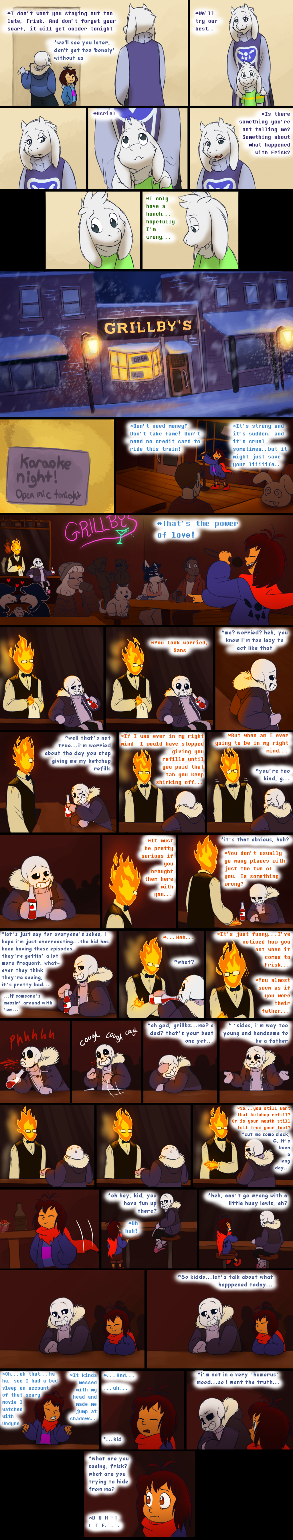 animated_skeleton annoying_dog_(undertale) asriel_dreemurr bar bone boss_monster canine caprine comic dialogue dog dogamy dogaressa doggo elemental english_text eyewear fire_elemental fur glasses goat grillby horn human inside karaoke long_ears mammal night protagonist_(undertale) sans_(undertale) scarf skeleton stripes tc-96 text toriel undead undertale video_games white_fur winter