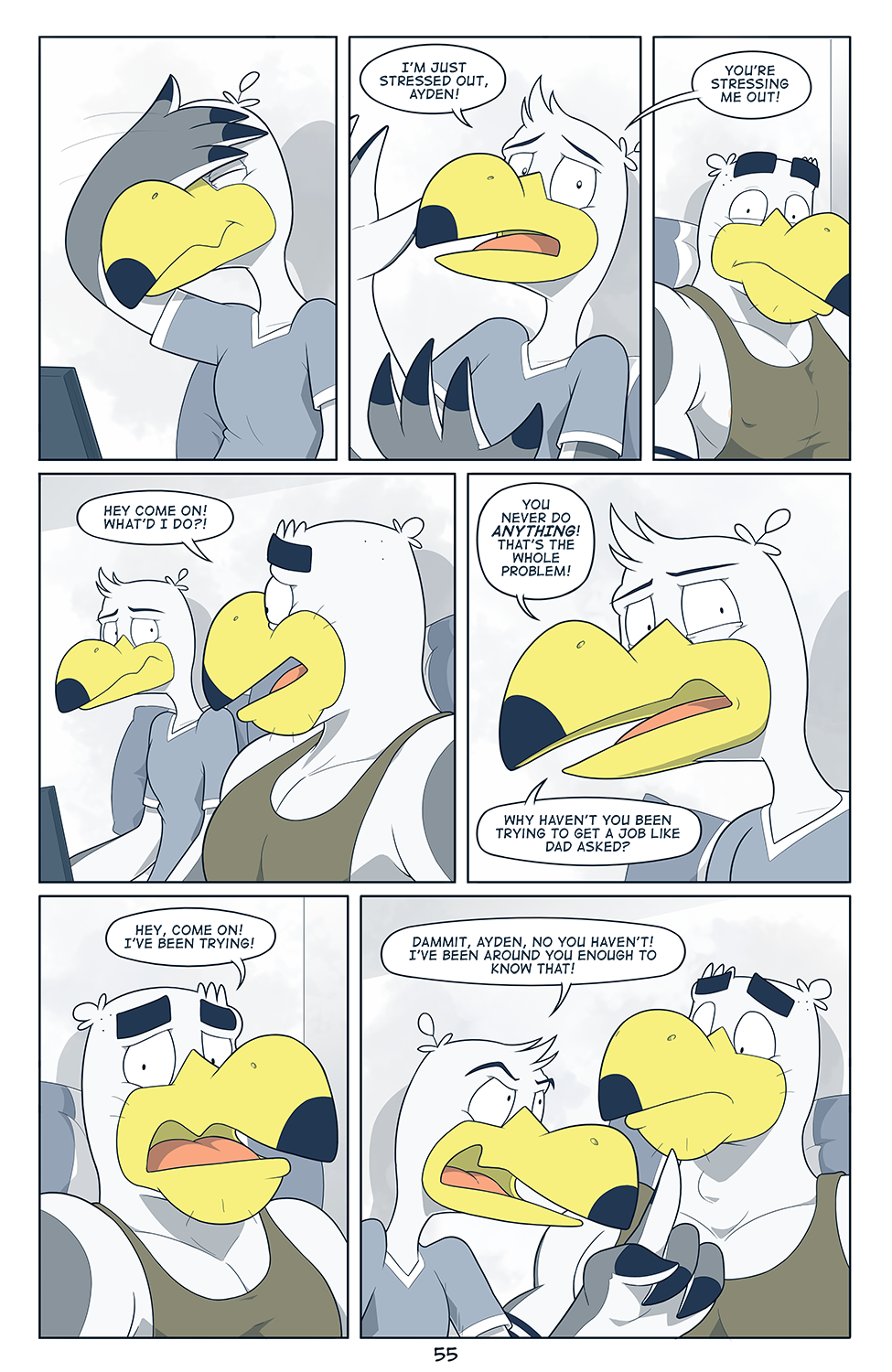 angry anti_dev avian ayden_(brogulls) bailey_(brogulls) bird brogulls_(comic) clothed clothing comic duo english_text seagull simple_background text