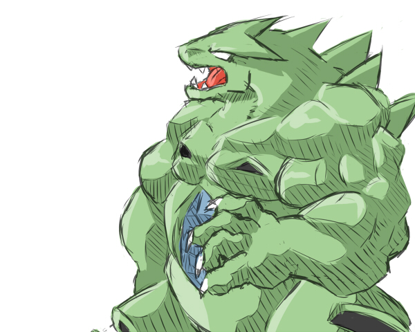 2014 4_fingers anthro anthrofied biceps big_biceps blue_body claws colored green_body huge_muscles humanoid_hands male manly muscular muscular_male nintendo nude open_mouth pecs pok&eacute;mon pok&eacute;morph schwartzgeist shaded simple_background toony triceps two_tone_body tyranitar video_games white_background white_claws