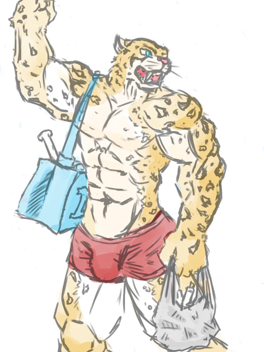 2014 abs bag biceps big_biceps big_muscles black_fur black_markings blue_eyes cheetah clothed clothing colored digital_drawing_(artwork) digital_media_(artwork) feline front_view fur holding_object inner_ear_fluff light mammal manly markings multicolored_fur muscular navel open_mouth pecs pink_nose pink_tongue portrait pose red_clothing schwartzgeist shaded shorts simple_background skimpy spots spotted_fur three-quarter_portrait tongue topless whiskers white_background white_fur yellow_fur