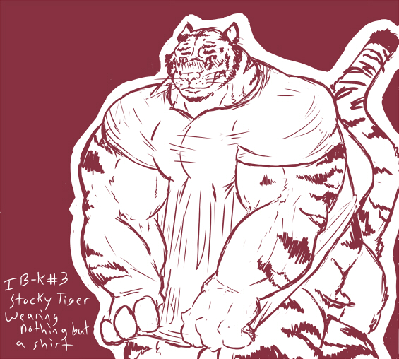 2014 4_fingers biceps big_biceps cheek_tuft clothing cute digital_drawing_(artwork) digital_media_(artwork) dressing ears_back english_text feline front_view fur humanoid_hands long_tail looking_away male mammal manly monochrome muscular muscular_male quads red_and_white red_theme schwartzgeist shirt snout solo standing striped_fur striped_tail stripes text thick_neck tiger toony tuft whiskers