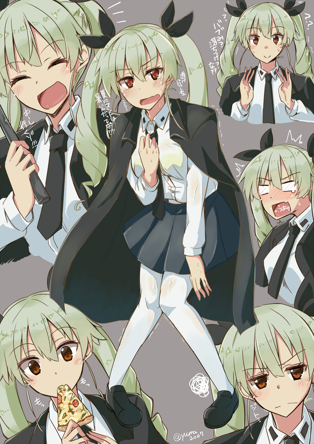 1girl anchovy anzio_school_uniform bangs belt black_footwear black_skirt blush cape closed_eyes closed_mouth crying dress_shirt drill_hair eating expressions food full_body girls_und_panzer green_hair grey_background hair_ribbon highres holding holding_pizza loafers long_hair long_sleeves looking_at_viewer miniskirt multiple_views necktie necktie_grab neckwear_grab open_mouth pantyhose pizza pleated_skirt red_eyes ribbon riding_crop school_uniform shirt shoes simple_background skirt smile standing sweat twin_drills twintails twitter_username white_legwear white_shirt yuuma_(noel)