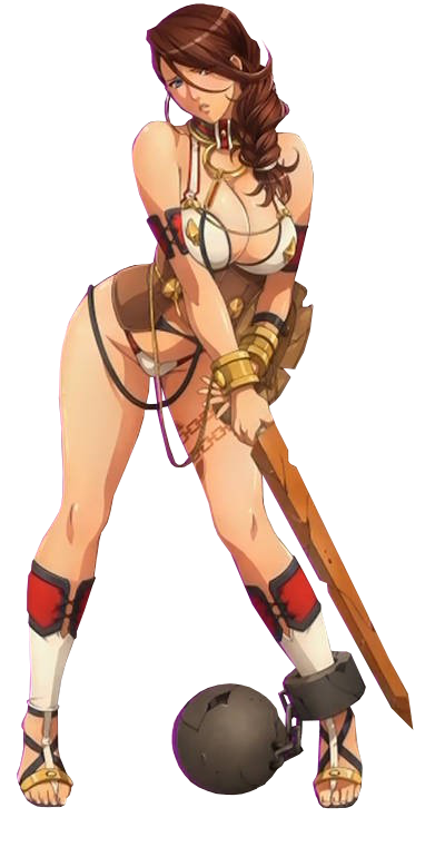 1girl armband ball_and_chain bdsm branwen breasts brown_hair collar heterochromia highres large_breasts leash legs long_hair long_legs oda_non queen's_blade queen's_blade_rebellion sandals shield slave solo sword tattoo thighs weapon