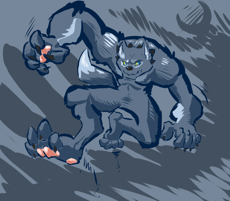 2013 4_toes 5_fingers action_pose anthro arm_tuft athletic black_claws black_nose blue_eyes canine claws colored digital_drawing_(artwork) digital_media_(artwork) digitigrade front_view full-length_portrait fur grey_background grey_fur grey_theme humanoid_hands inner_ear_fluff jumping leg_tuft light looking_away male mammal moon naturally_censored nude outside pawpads pecs pink_pawpads portrait schwartzgeist shaded simple_background snout solo toes toony were werewolf yellow_sclera