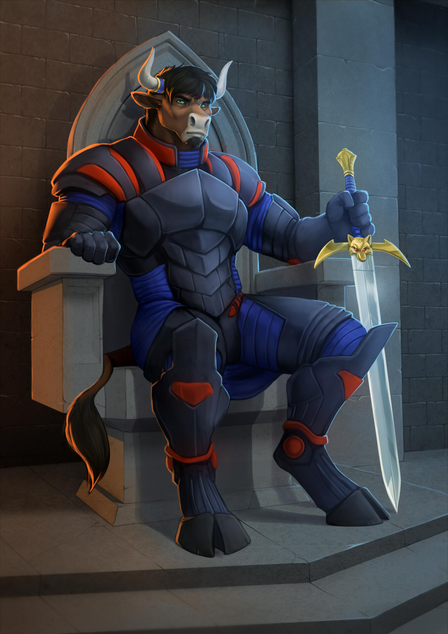 5_fingers anthro armor black_hair bovine cattle chair green_eyes hair holding_object holding_weapon hooves horn looking_at_viewer male mammal melee_weapon sitting solo sword throne weapon wolfy-nail