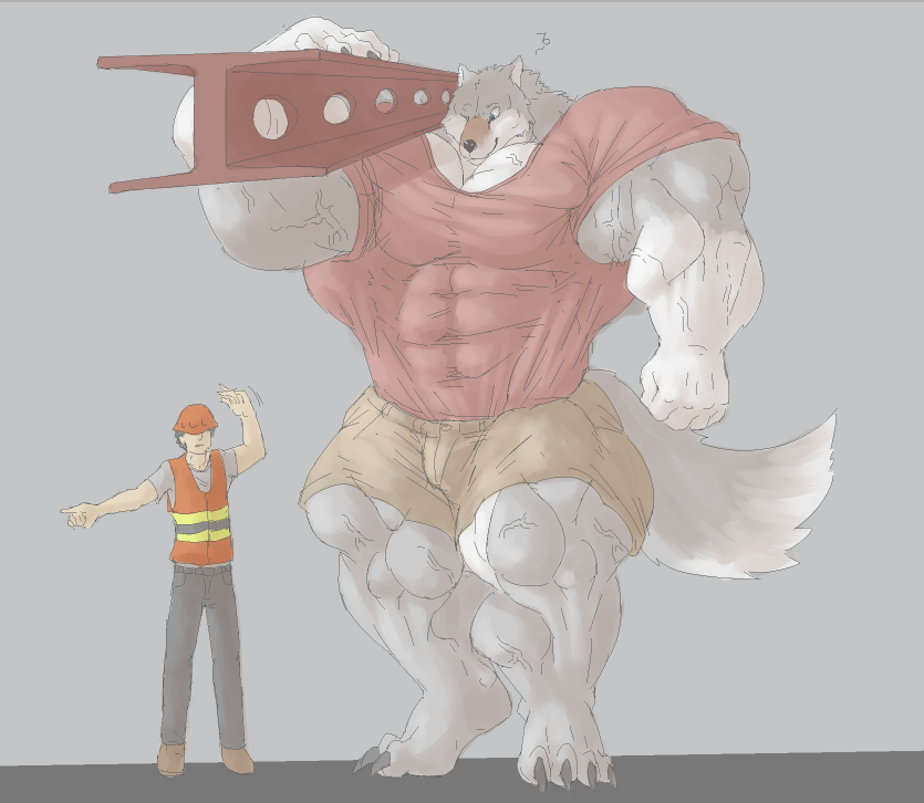 2016 5_fingers abs anthro armor barefoor biceps big_biceps black_clothing black_hair blue_eyes brown_clothing brown_fur canine cheek_tuft claws clothed clothing colored duo eye_contact fluffy fluffy_tail footwear front_view full-length_portrait fur girder grey_background grey_claws grey_clothing grey_fur hair head_tuft helmet holding_object human humanoid_hands hyper hyper_muscles larger_anthro larger_male light loken_(ims360) macro male mammal manly multicolored_fur muscular muscular_male neck_tuft no_pupils obliques orange_clothing pants pecs pointing portrait quads red_clothing schwartzgeist serratus shaded shirt shoes shorts simple_background size_difference skimpy slim smaller_male smile snout standing triceps tuft two_tone_fur vein vest white_fur wolf