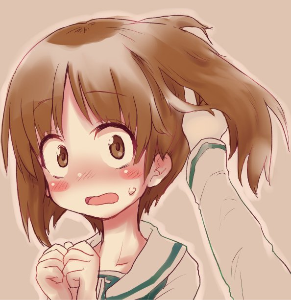 1girl bangs blouse blush brown_eyes brown_hair commentary eyebrows_visible_through_hair frown girls_und_panzer hand_in_another's_hair looking_at_viewer monolith_(suibou_souko) nishizumi_miho ooarai_school_uniform open_mouth portrait pov school_uniform serafuku short_hair solo_focus sweatdrop white_blouse