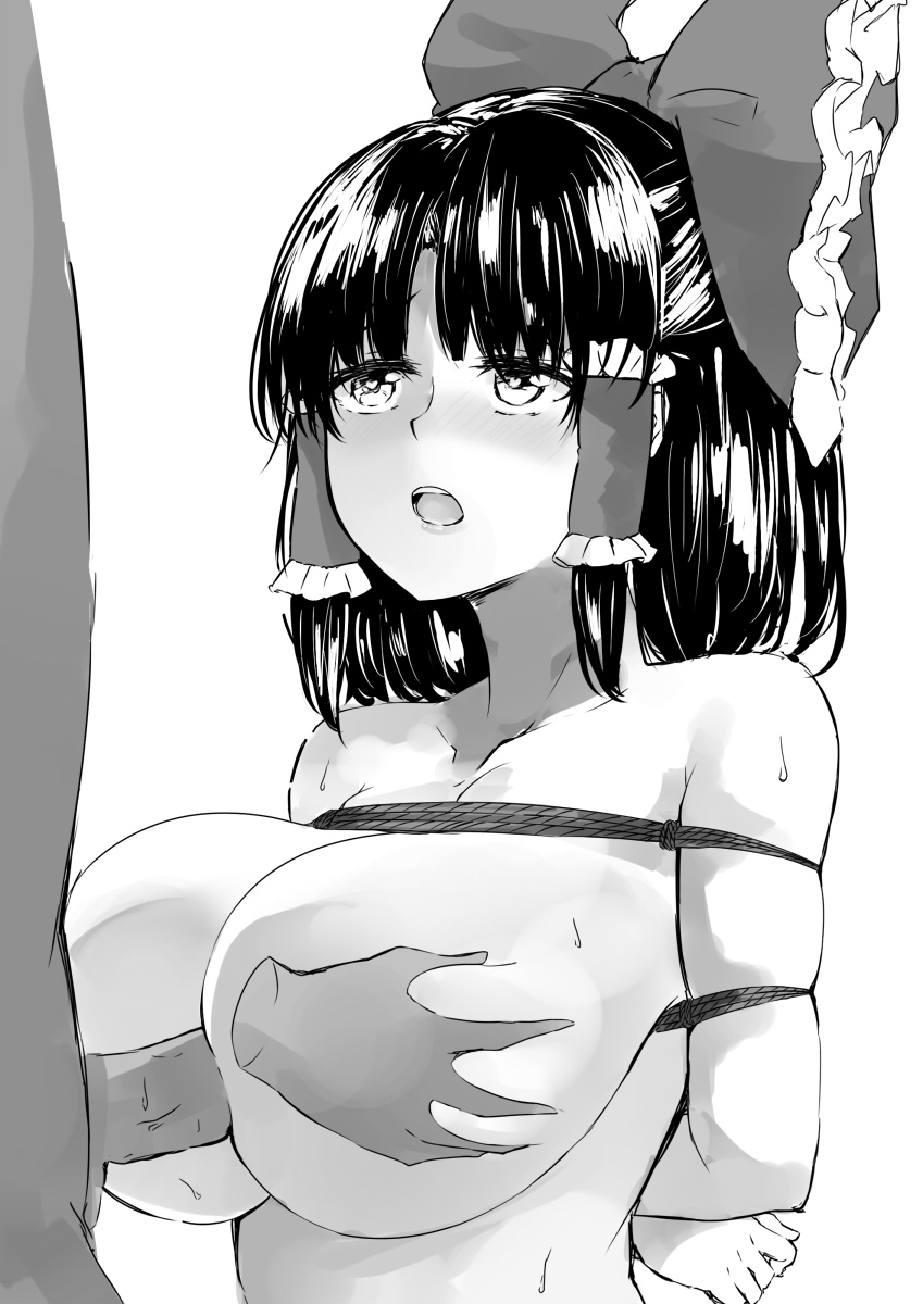 1boy 1girl arms_behind_back bdsm bondage bound bound_arms breast_grab breasts commentary_request deetamu eyebrows_behind_hair grabbing greyscale hair_ribbon hair_tubes hakurei_reimu heart heart-shaped_pupils hetero highres large_breasts looking_at_another looking_up medium_hair monochrome open_mouth paizuri penis perpendicular_paizuri ribbon simple_background solo_focus symbol-shaped_pupils touhou upper_body white_background