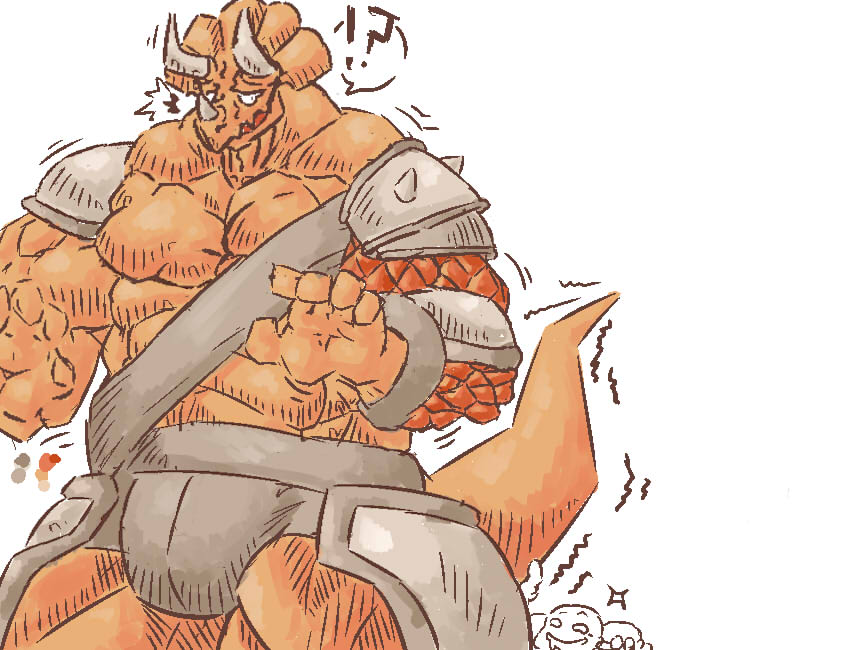 ! 2014 5_fingers ? abs arm_pads armor biceps big_biceps big_tail clothed clothing colored digital_drawing_(artwork) digital_media_(artwork) dinosaur duo eye_contact front_view horn humanoid_hands hyper hyper_muscles larger_anthro larger_male light male manly muscular muscular_male pecs portrait scalie schwartzgeist shaded simple_background size_difference smaller_male snout solo_focus standing surprise three-quarter_portrait toony traximus_(schwartzgeist) triceratops unconvincing_armor white_background white_horn