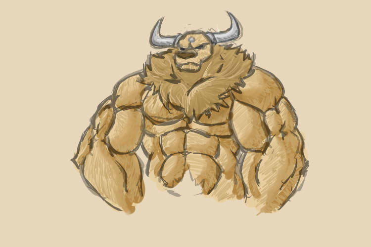 abs anthro anthrofied biceps big_biceps black_eyes brown_background brown_fur brown_nose colored empty_eyes front_view fur grey_horn light male muscular muscular_male nintendo pecs pok&eacute;mon pok&eacute;morph schwartzgeist shaded simple_background snout solo standing tauros toony triceps video_games