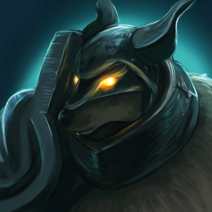 2011 anthro anubian_jackal armor black_nose blue_background brown_fur bust_portrait canine colored demigod empty_eyes fangs fivetinsoldiers fluffy front_view fur glowing glowing_eyes jackal league_of_legends mammal manly nasus_(lol) portrait shaded simple_background snout solo standing unconvincing_armor video_games