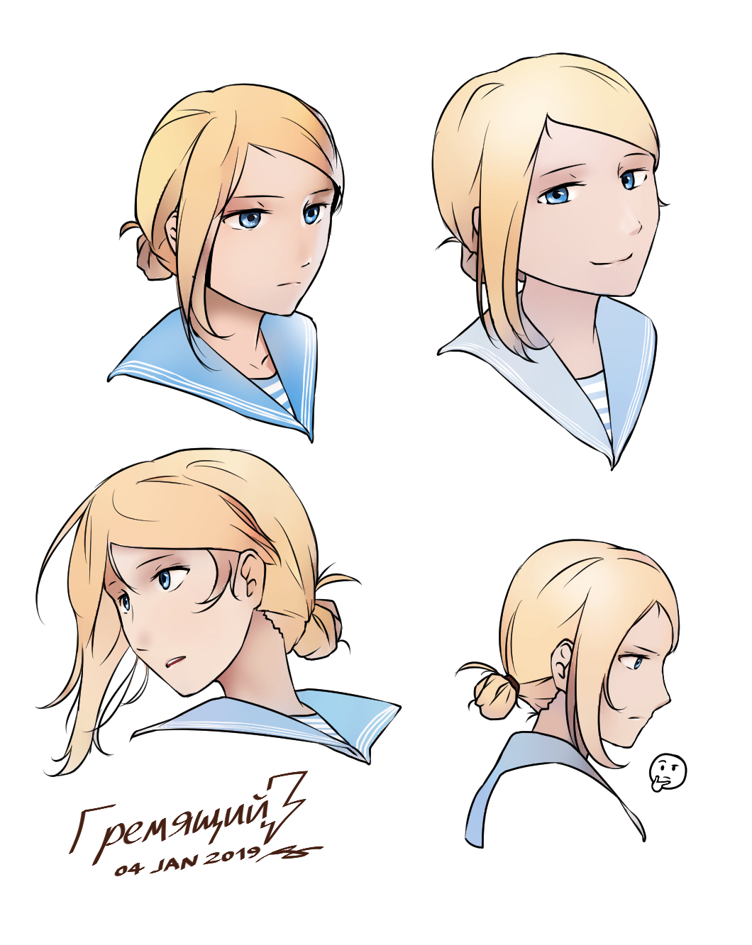 1girl blonde_hair blue_eyes character_name commentary_request dated emoticon gremyashchy_(greythorn032) greythorn032 hair_bun head highres looking_at_viewer looking_away multiple_views original personification sailor_collar serious simple_background smile solo white_background