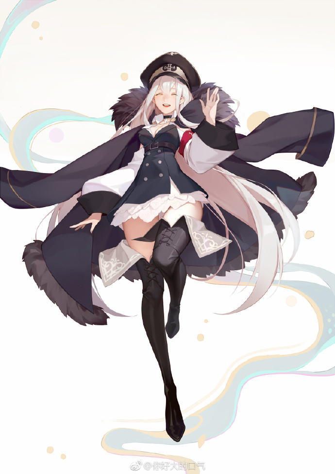 1girl armband artist_request boots eyes_closed fur_collar girls_frontline hat iron_cross jacket_on_shoulders kar98k_(girls_frontline) long_hair military military_uniform peaked_cap smile solo thigh_boots thighhighs uniform waving white_hair