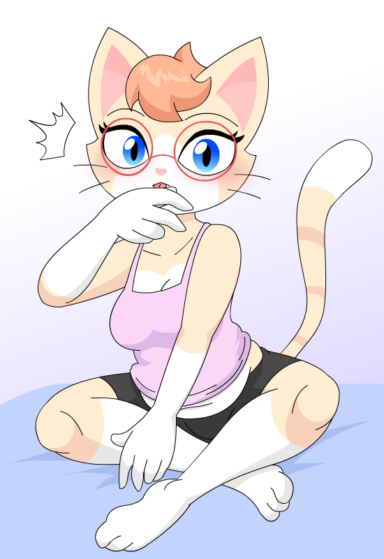 alfa995 anthro blue_eyes blush breasts cat cleavage clothed clothing eyelashes eyewear feline glasses looking_at_viewer mammal queen_(alfa995) slightly_chubby solo tongue tongue_out