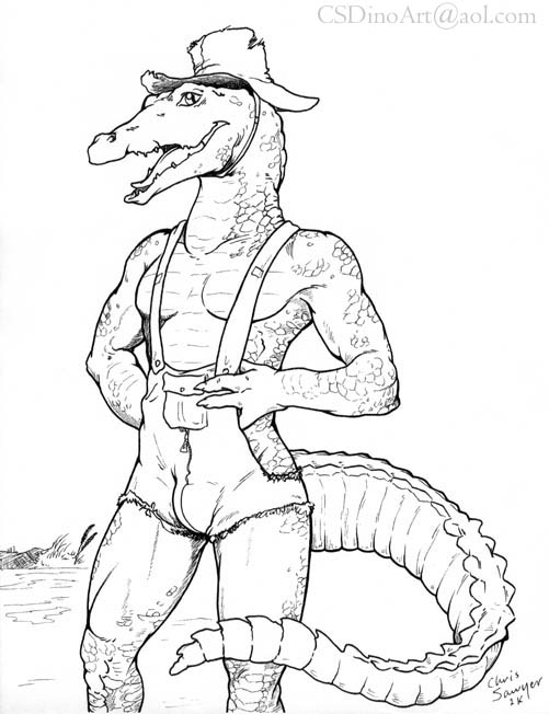 2000 alligator anthro bulge chris_sawyer clothing crocodilian hat male monochrome overalls reptile scalie solo standing water