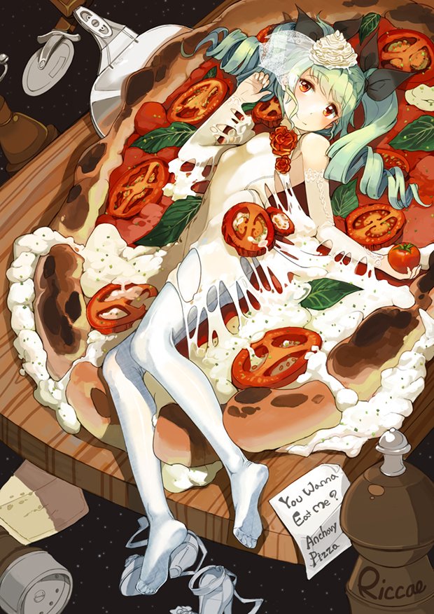anchovy artist_name black_ribbon blush breasts bridal_gauntlets brown_eyes cheese english feet flower food food_on_body girls_und_panzer green_hair hair_flower hair_ornament hair_ribbon high_heels in_food long_hair looking_at_viewer lying on_back oversized_object pantyhose pepper_shaker pizza pizza_cutter ribbon riccae shoes_removed signature slice_of_pizza small_breasts solo spatula tomato twintails white_legwear