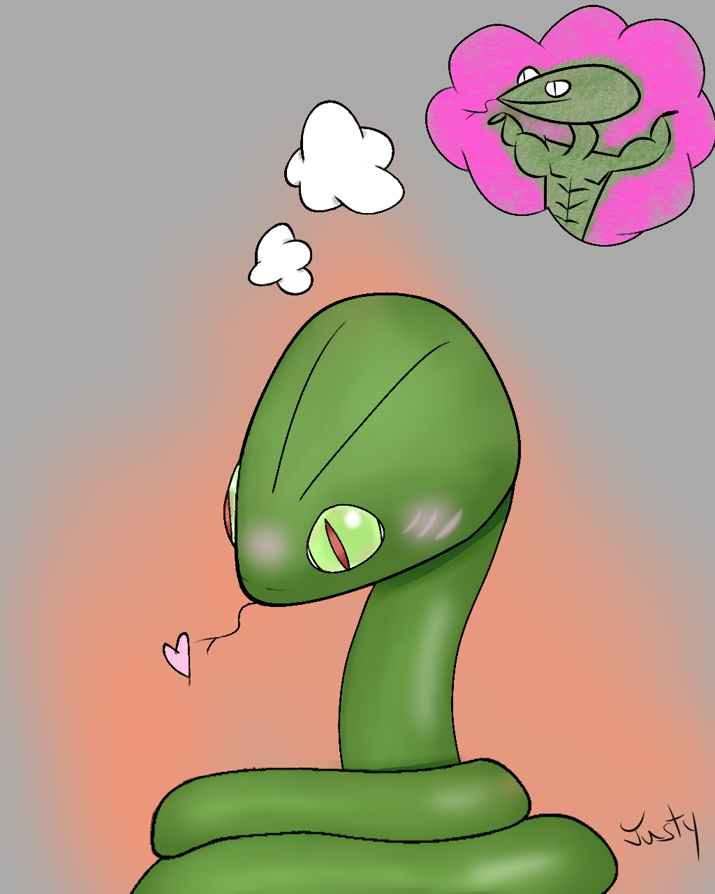 &lt;3 2019 anthro blush curled feral hi_res justusschultz male muscular muscular_male reptile scalie signature simple_background snake solo thought_bubble tongue tongue_out