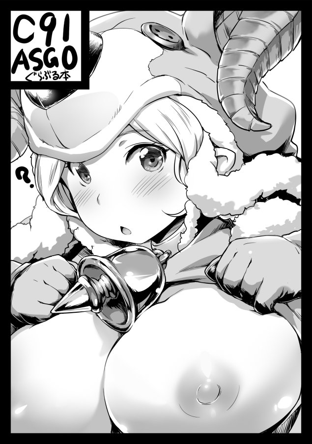 ? animal_hat bell black_border border breasts breasts_outside chestnut_mouth circle_cut daetta_(granblue_fantasy) draph fur_trim granblue_fantasy greyscale hat horns jpeg_artifacts large_breasts lifted_by_self monochrome nipples open_mouth solo zanzi