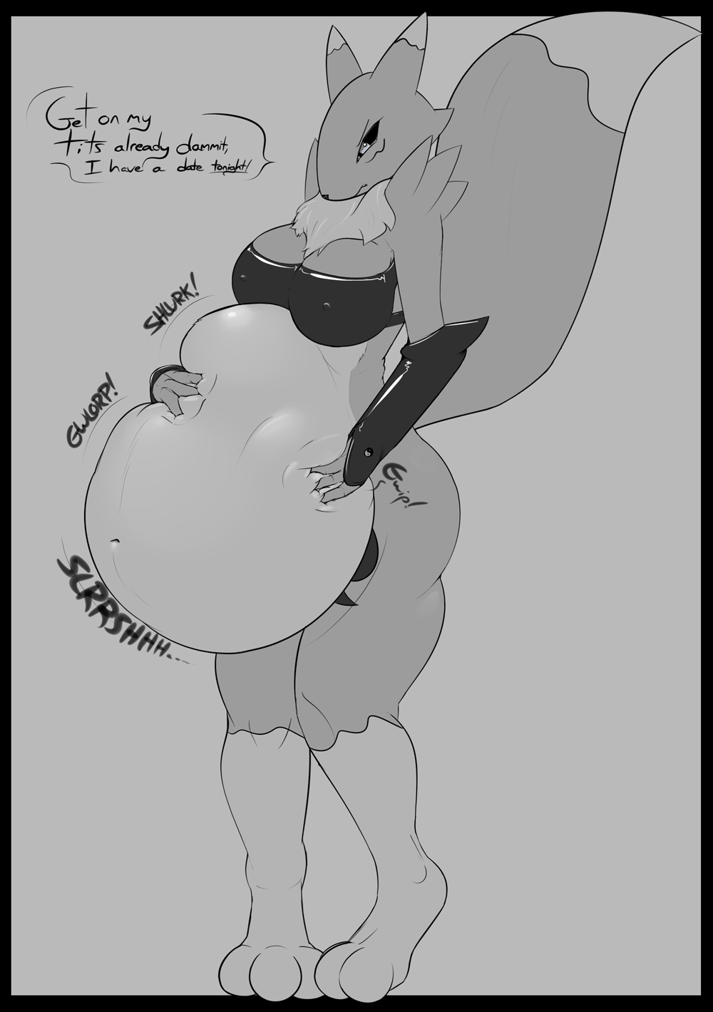 asaneman belly big_belly big_breasts breasts chest_tuft clothed clothing dialogue digestion digimon female holding_belly monochrome nipple_bulge renamon skimpy solo sound_effects tuft vore