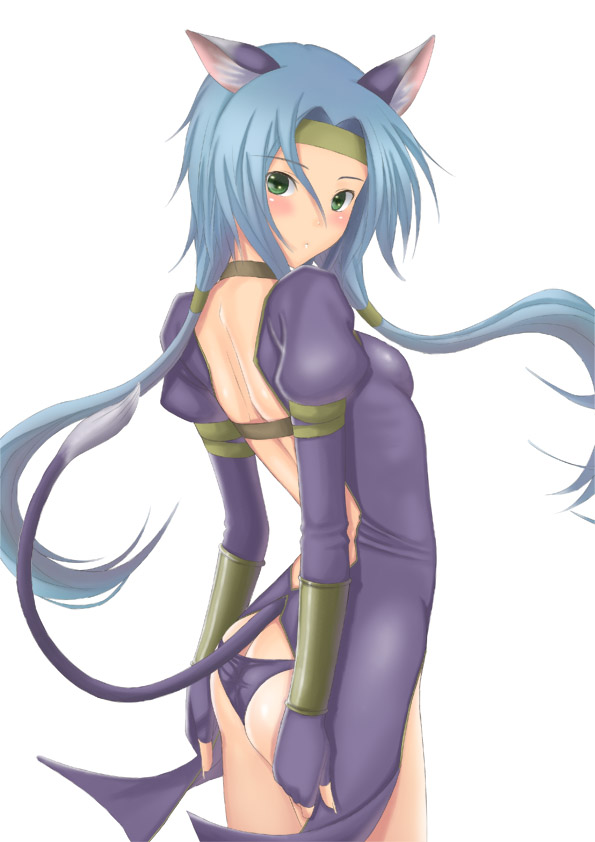1girl animal_ears ass blue_hair blush breasts butt_crack cat_ears cat_tail choker fingerless_gloves gloves green_eyes headband long_hair looking_at_viewer low_twintails meracle_chamlotte muffin_(sirumeria) panties shiny shiny_clothes shiny_hair shiny_skin sideboob small_breasts solo square_enix star_ocean star_ocean_the_last_hope tail tailcoat thighhighs twintails