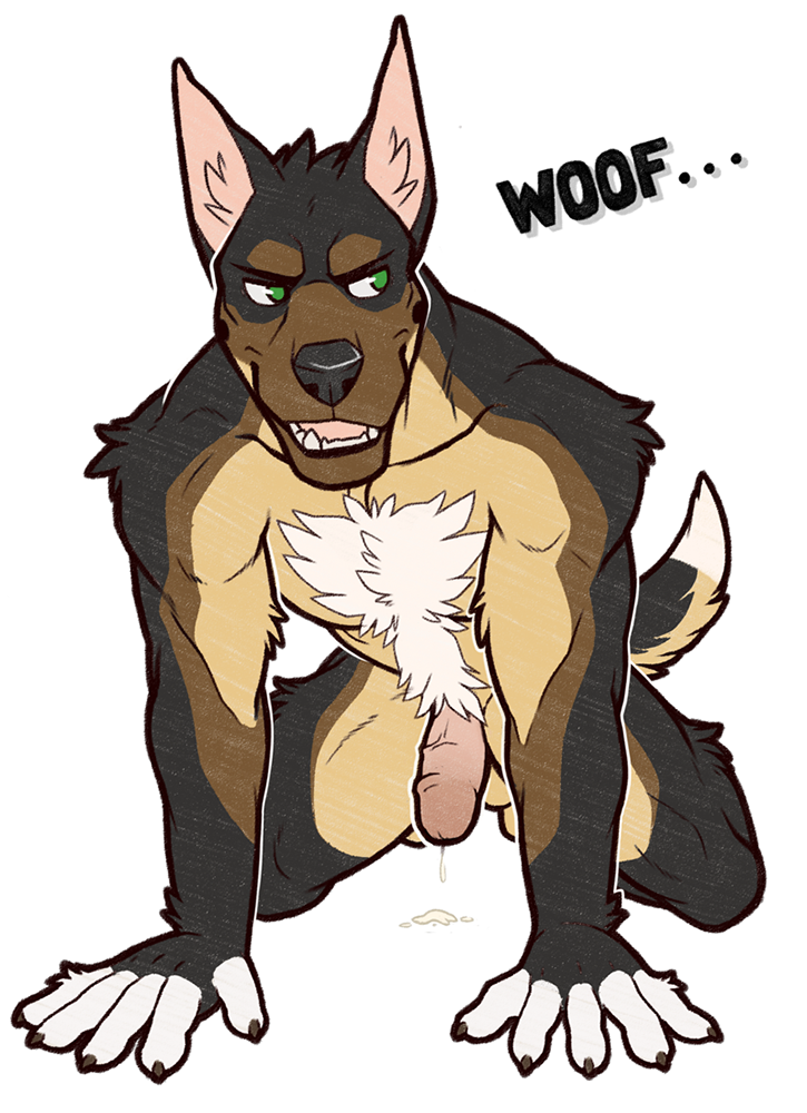 2016 5_fingers all_fours aluminemsiren anthro black_fur black_nose black_tail brown_fur canine claude_(clefwolf) digital_drawing_(artwork) digital_media_(artwork) dipstick_tail doberman dog dripping erection fingerless_(marking) front_view fur german_shepherd green_eyes humanoid_penis inner_ear_fluff male mammal multicolored_tail nude open_mouth penis pink_penis pointy_ears precum simple_background solo tan_fur tan_tail teeth white_background white_fur white_tail