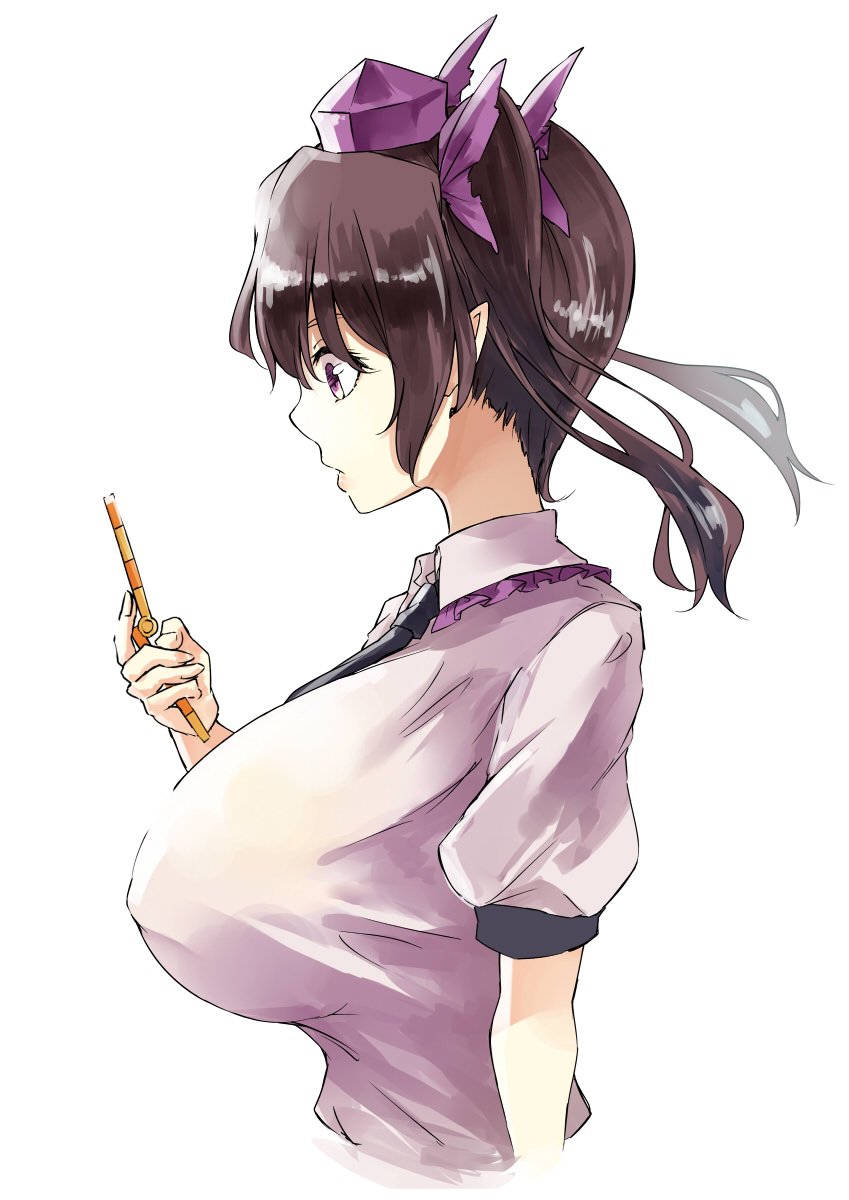 1girl breasts brown_hair cellphone commentary_request covered_nipples deetamu flip_phone from_side hat highres himekaidou_hatate holding holding_phone huge_breasts looking_at_phone necktie parted_lips phone pointy_ears puffy_short_sleeves puffy_sleeves purple_eyes short_hair short_sleeves short_twintails simple_background solo tokin_hat touhou twintails upper_body white_background