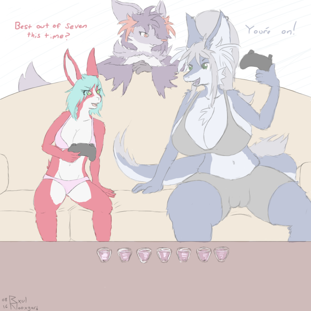 2016 anthro big_breasts blue_fur bra breasts bxulnooxgard camel_toe canine chest_tuft clothed clothing controller delphox dialogue dragon drinks ear_piercing female flayra fox fukura fur furred_dragon game_controller green_eyes hair huge_breasts inner_ear_fluff lagomorph mammal navel nintendo open_mouth orange_eyes panties piercing pok&eacute;mon ponytail purple_fur rabbit red_fur sequence shiny_pok&eacute;mon shot_glass shots silver_hair sofa table teal_hair text thick_thighs tuft underwear video_games wide_hips
