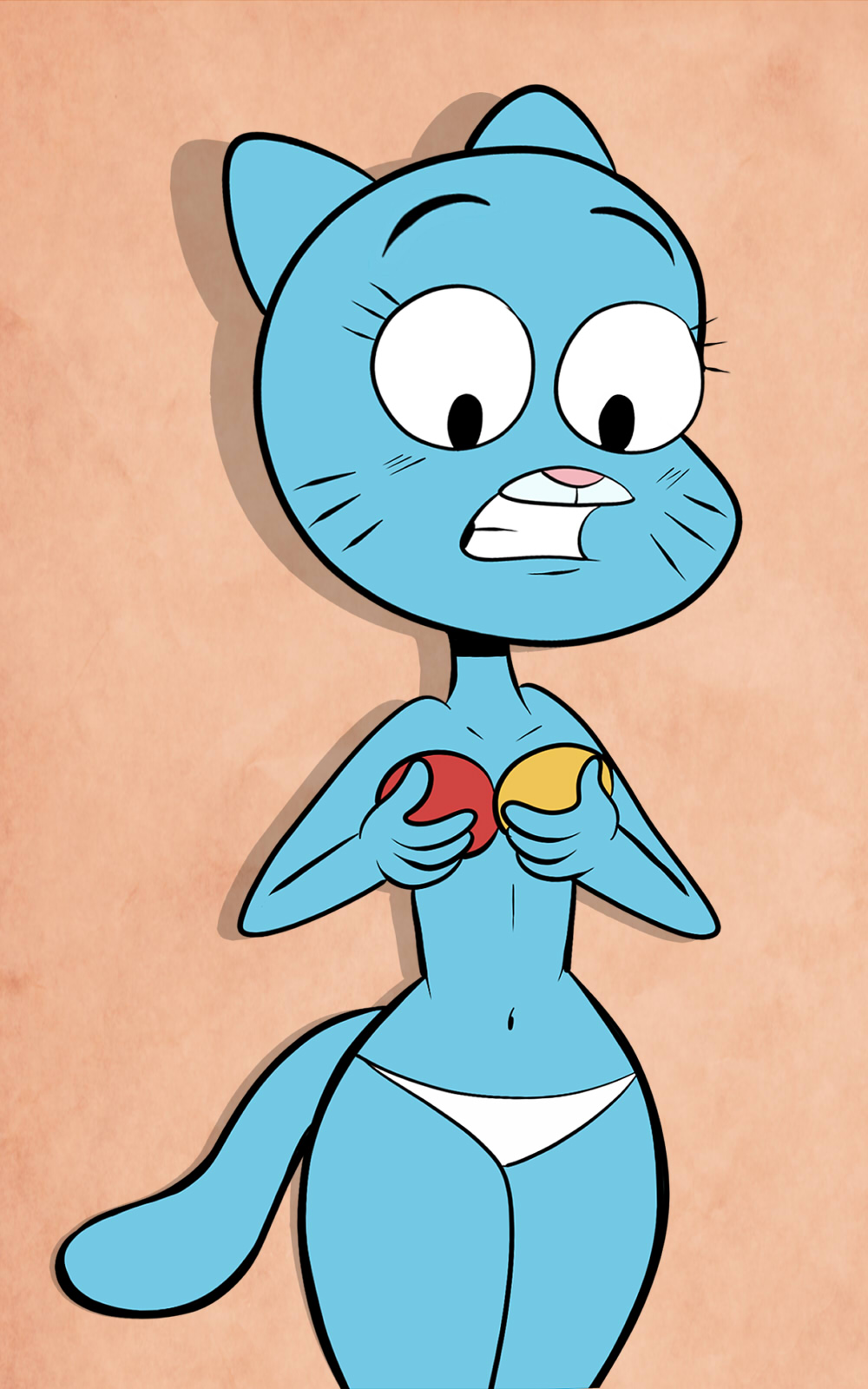 4_fingers anthro blue_fur blush cartoon_network cat clothing feline female fur looking_down mammal mature_female mother navel nicole_watterson panties parent pink_nose scobionicle99 solo teeth the_amazing_world_of_gumball underwear whiskers wide_hips