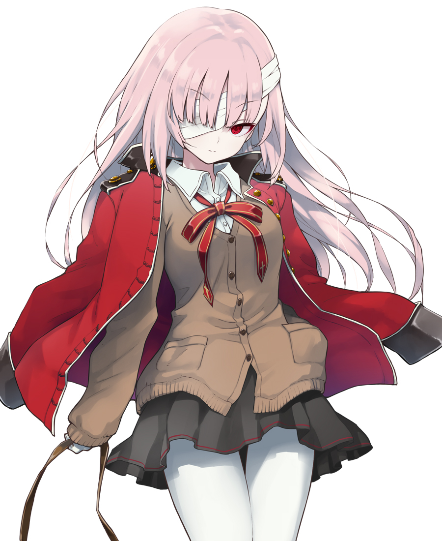 alternate_hairstyle arm_at_side bandage_over_one_eye bandages bangs belt belt_removed black_skirt breasts buttons cardigan closed_mouth collared_shirt cowboy_shot dress_shirt eyebrows eyebrows_visible_through_hair fate/grand_order fate_(series) florence_nightingale_(fate/grand_order) gloves hair_down hama_chon hand_in_pocket holding jacket jacket_on_shoulders long_hair long_sleeves looking_at_viewer medium_breasts miniskirt neck_ribbon one_eye_covered pantyhose pink_hair pleated_skirt red_eyes red_jacket red_ribbon ribbon school_uniform shirt simple_background skirt sleeves_past_wrists solo thigh_gap white_background white_gloves white_legwear white_shirt