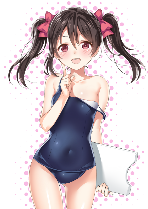 :d asymmetrical_hair bangs black_hair blue_swimsuit blush bow breasts collarbone commentary_request covered_navel cowboy_shot finger_to_cheek hair_between_eyes hair_bow halftone hand_up happy holding index_finger_raised kazunari_(kazyar) kickboard looking_at_viewer love_live! love_live!_school_idol_project navel old_school_swimsuit one-piece_swimsuit open_mouth outline parted_bangs pink_bow pink_eyes school_swimsuit sidelocks skin_tight small_breasts smile solo standing strap_slip swimsuit twintails white_background yazawa_nico