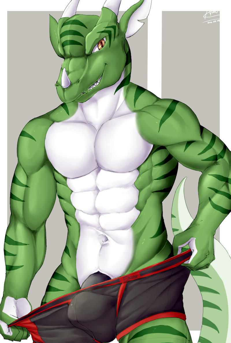 2016 5_fingers abs biceps black_penis boxers_(clothing) brown_eyes bulge clothed clothing countershade_torso countershading digital_media_(artwork) dragon front_view green_scales green_stripes green_tail half-length_portrait horn lizard long_tail looking_at_viewer male multicolored_scales multicolored_tail muscular muscular_male navel notched_ear pecs penis penis_base portrait reptile scales scalie signature simple_background skaar smile soliscanis standing striped_scales striped_tail stripes teeth topless underwear underwear_pull undressing white_countershading white_horn white_scales white_tail