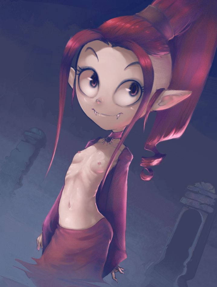 1girl character_request collar conoghi eyebrows eyelashes fangs flat_chest gruftine high_ponytail long_sleeves navel nipples pointy_ears ponytail reflection school_for_vampires shiny shiny_hair shiny_skin smile solo vampire