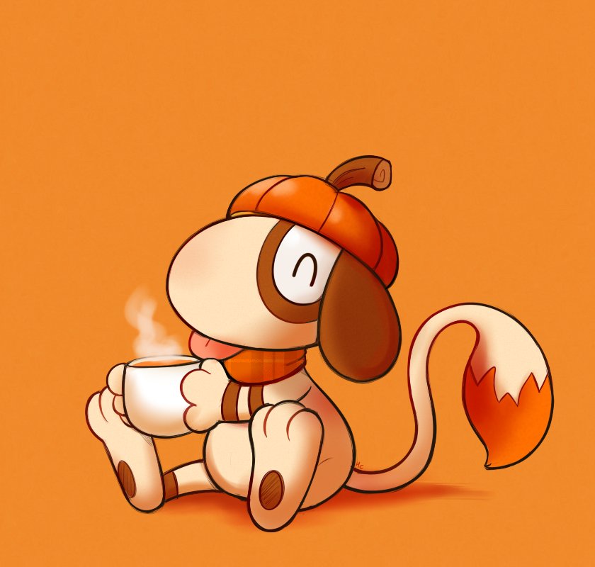 2018 ambiguous_gender anthro brown_fur brown_stripes canine cup digital_media_(artwork) dipstick_tail eyes_closed floppy_ears food fruit fur happycrumble hat headwear holding_cup holding_object mammal mostly_nude multicolored_tail nintendo orange_background orange_fur orange_theme paws pok&eacute;mon pok&eacute;mon_(species) pumpkin scarf shadow simple_background sitting smeargle steam striped_fur stripes tan_fur tongue tongue_out video_games