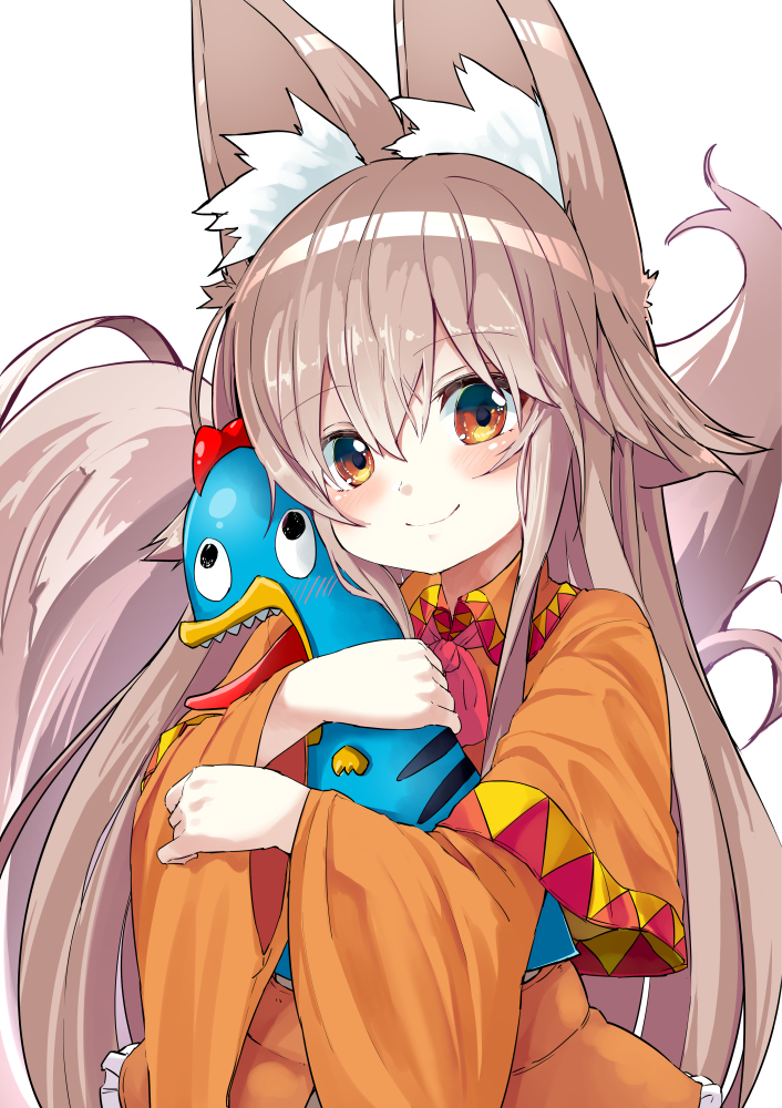 animal_ears commentary_request detached_sleeves fox_ears hair_between_eyes holding light_brown_hair long_hair looking_at_viewer noa_(nagareboshi) original red_eyes solo stuffed_toy upper_body