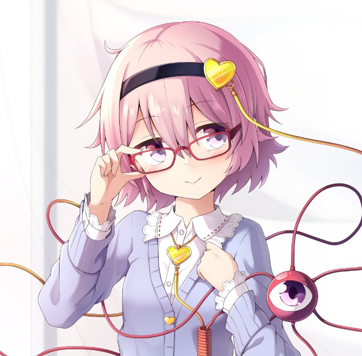 :&gt; adapted_costume adjusting_eyewear bespectacled blue_sweater blush collared_shirt commentary_request frilled_shirt_collar frills glasses hair_ornament hairband heart heart-shaped_buttons heart_hair_ornament komeiji_satori long_sleeves nogisaka_kushio pink_hair purple_eyes red-framed_eyewear shirt short_hair solo sweater third_eye touhou upper_body