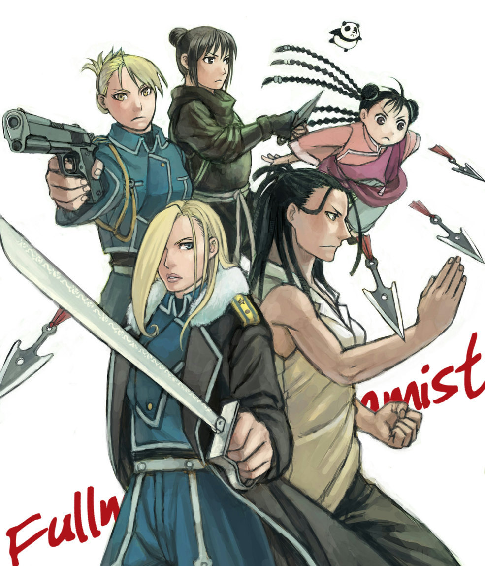 aiguillette aiming amestris_military_uniform bad_id bad_pixiv_id black_hair blonde_hair blue_eyes braid brown_eyes chinese_clothes clenched_hands fighting_stance finger_on_trigger fingerless_gloves folded_ponytail fullmetal_alchemist gloves gun hair_bun hairlocs handgun holding holding_sword holding_weapon izumi_curtis kunai lan_fan long_hair m1911 may_chang military military_uniform mukuo multiple_girls olivier_mira_armstrong outstretched_arm panda pistol riza_hawkeye short_hair sword throwing trench_coat uniform weapon xiao-mei