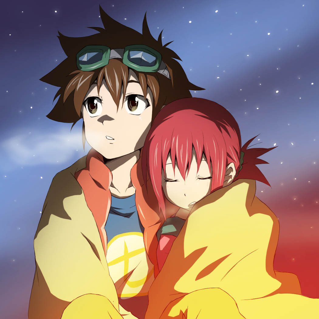 1girl blanket breath brown_eyes brown_hair closed_eyes digimon digimon_xros_wars goggles goggles_on_head hinomoto_akari keito_(kandnext) kudou_taiki red_hair sleeping