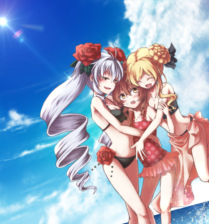 bandeau bikini black_bikini blonde_hair brown_eyes brown_hair casual_one-piece_swimsuit double_bun drill_hair dutch_angle eeta flower frilled_bikini frills girl_sandwich henrietta_grimm hug ibara_hime long_hair multiple_girls one-piece_swimsuit pink_sarong polka_dot polka_dot_bikini rapunzel_(zettai_meikyuu_grimm) red_flower red_rose rose sandwiched sarong silver_hair swimsuit twintails zettai_meikyuu_grimm