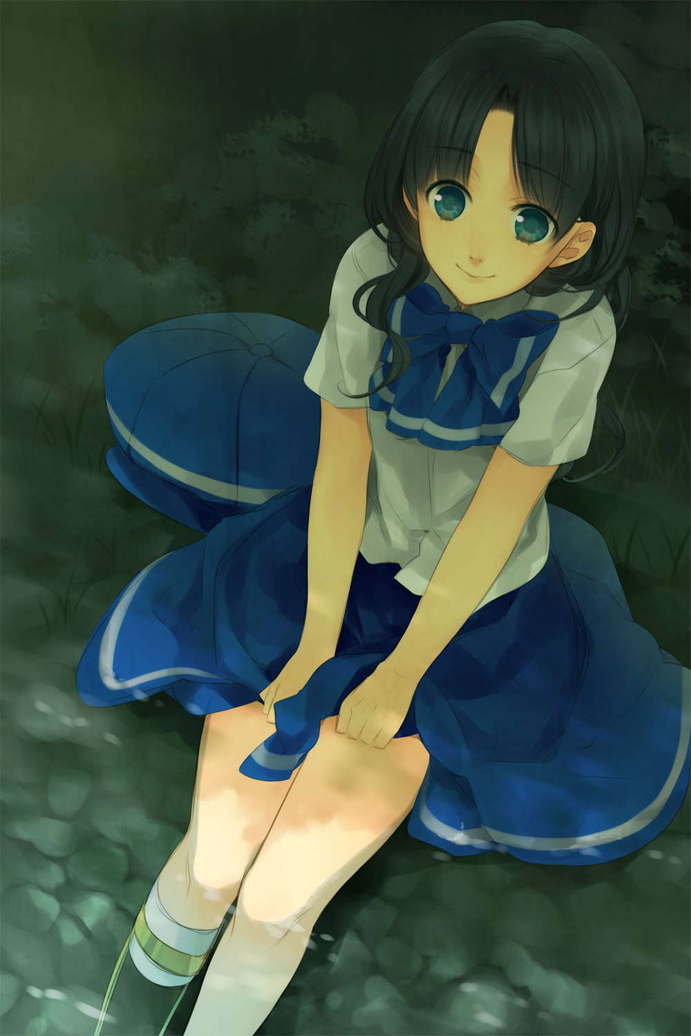 amputee black_hair blue_eyes borrowed_character bow bowtie cabbie_hat eto_ichika girl_with_golden_shoe hat highres kin_no_kutsu_gin_no_kutsu long_hair original prosthesis sitting skirt skirt_tug smile soaking_feet solo water