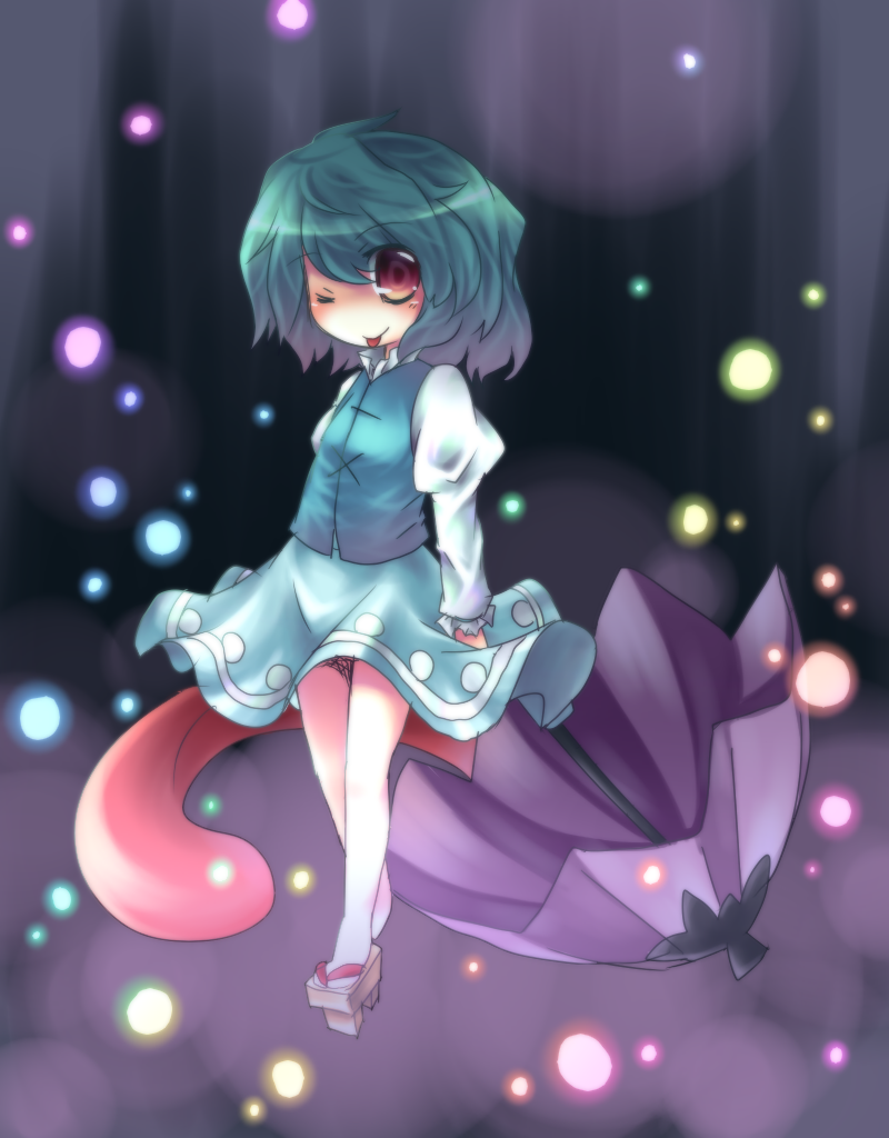 aqua_hair blouse blush geta hitsubaru karakasa_obake one_eye_closed purple_umbrella red_eyes short_hair skirt solo tatara_kogasa tongue touhou umbrella vest