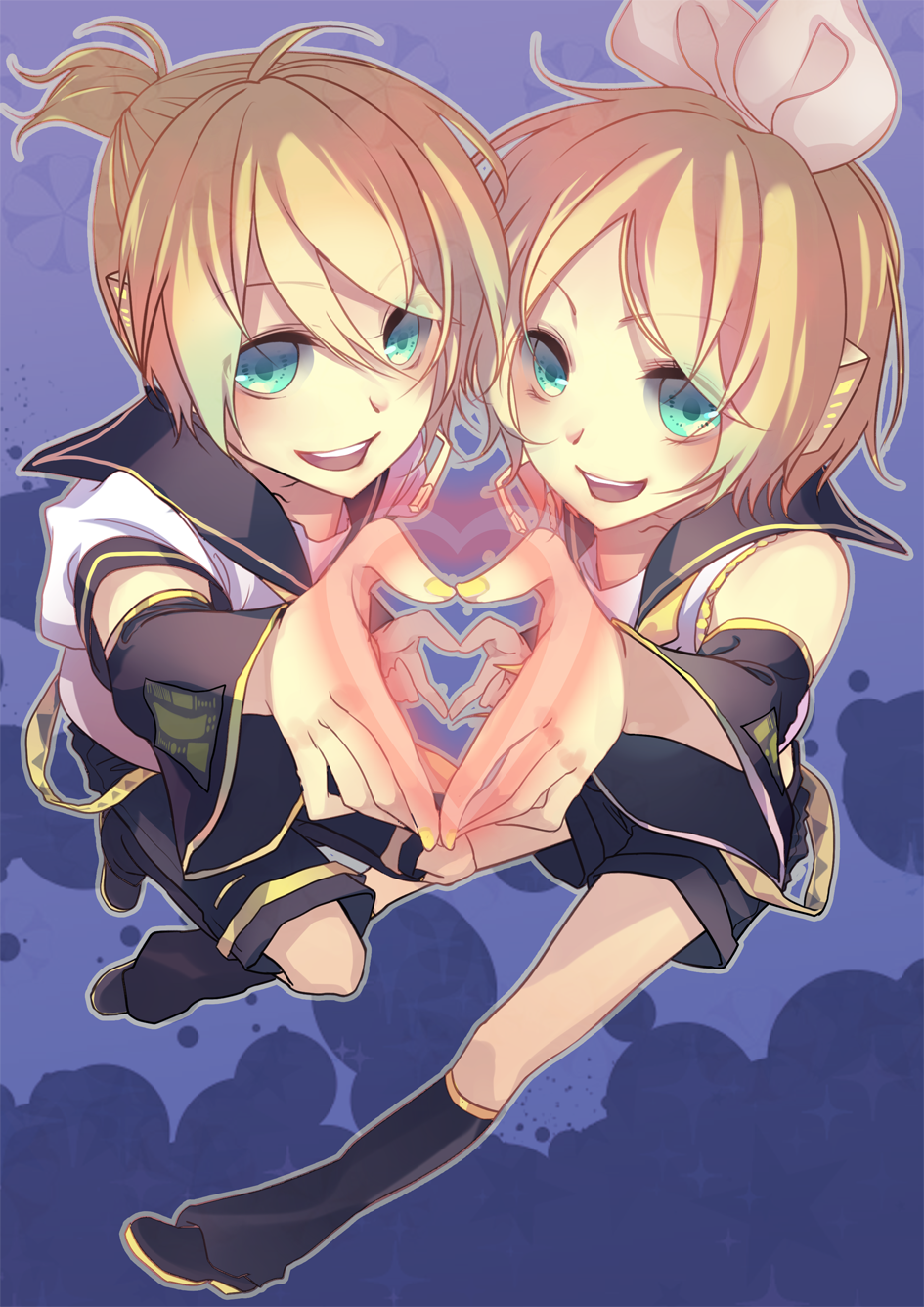 1girl aqua_eyes bad_id bad_pixiv_id blonde_hair brother_and_sister detached_sleeves hair_ribbon headset heart heart_hands heart_hands_duo highres kagamine_len kagamine_rin nicohi ribbon short_hair siblings twins vocaloid